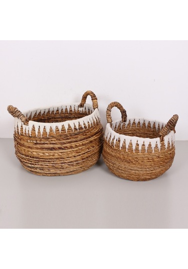 Avanos Doğal Abaka El Yapımı Yuvarlak Kulplu 2 Li Sepet Bej
