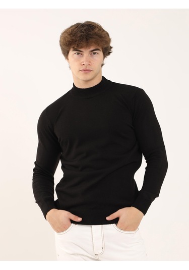 Dufy Siyah Erkek Slim Fit Yarım Balıkçı Yaka Triko - 91107 Siyah