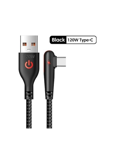 Flybuy 120w Usb Type-c 90 Derece Dirsek Hızlı Şarj Kablosu Huawei Mate 40/30 Xiaomi Samsung Uygun Black1m