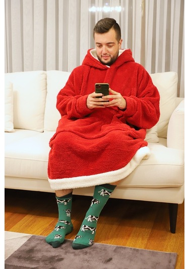 Rokeff Wellsoft Tek Kişilik Giyilebilir Battaniye Bordo Beyaz Bantlı S/m