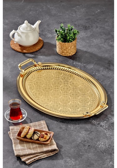 Cooker Özel Seri Oval Model Lüx Paslanmaz Çelik Sunum Tepsisi 34 X 48 Cm Altın