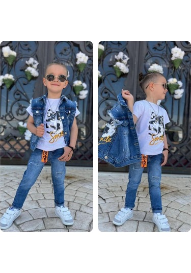 Uğur Böceği Çocuk Kurt Desenli Kot Yelekli Pantolon Tshirt Üçlü Erkek Takım 2-12 Yaş Mavi