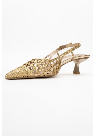 Luvishoes Luvi Shoes Heaven Altın Örme Arkası Açık Kadın Kısa Topuklu Ayakkabı Altın