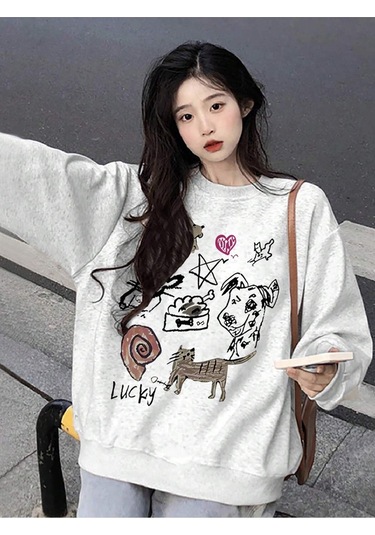 Karikatür & Harf Grafik Düşük Omuz Oversize Sweat-trzksw3820 Açık Gri