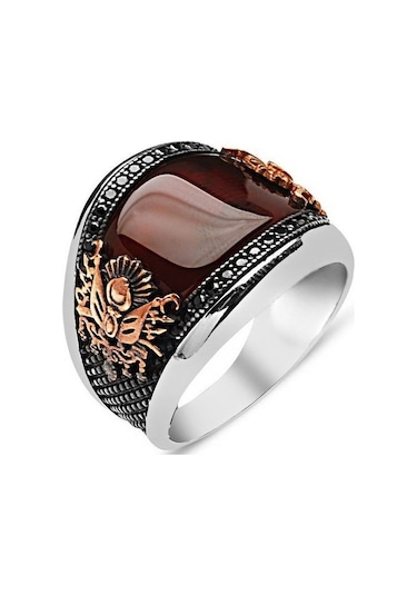 Kırmızı Akik Taşlı Erkek Gümüş Yüzük Osmanlı Armalı Yüzük Tsr66