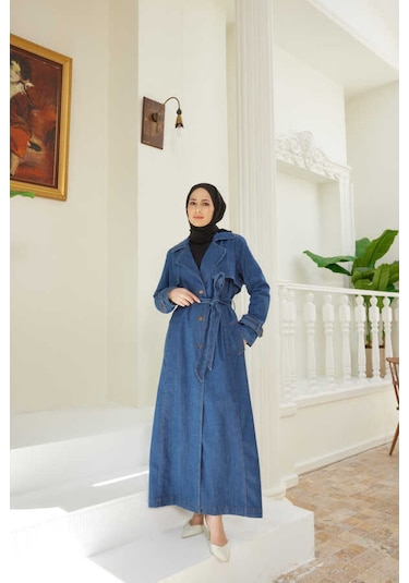 Neways 6458-Battal Allerli Denim Trençkot Koyu Mavi Mavi