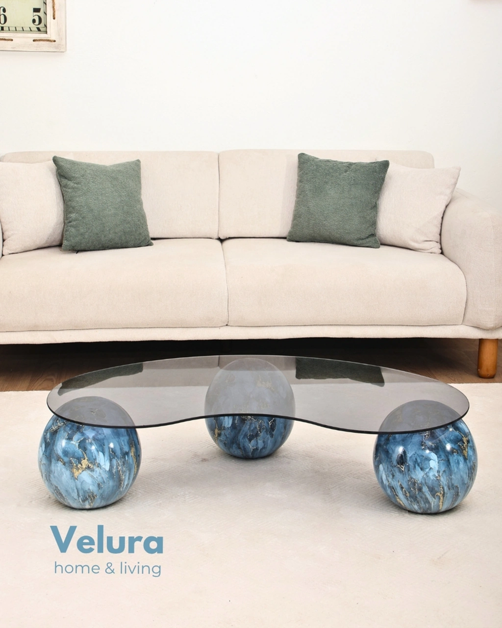 Modern Orta Sehpa & Küre Sehpa & Top Sehpa & Füme Fasulye Cam & Sky Mavi