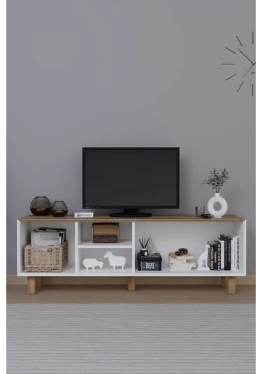 Bohem Serisi Garden Meşe - Beyaz Pvc Hasır Desen Tv Ünitesi Açık Ceviz & Beyaz