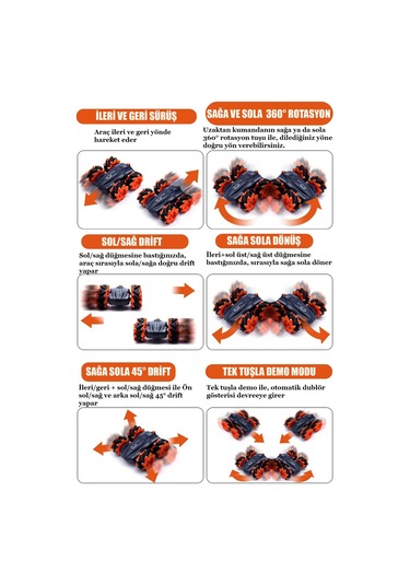 Uzaktan Kumandalı Işıklı Çok Yönlü Drift Tekerlekli Dublör Akrobat Araba Stunt Drift Car - Turuncu Turuncu