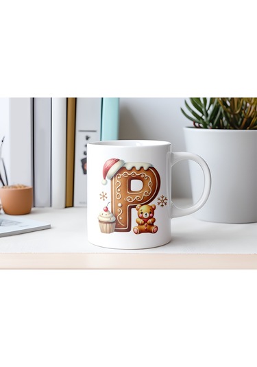 P Kurabiye Harf Ve Ayıcık Detaylı Kupa Bardak - Yeni Yıl / Yılbaşı Temalı Tasarım - Noel Hediye Beyaz