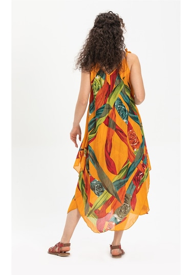 Askılı Vual Afrodit Midi Boy Elbise Hardal 6150