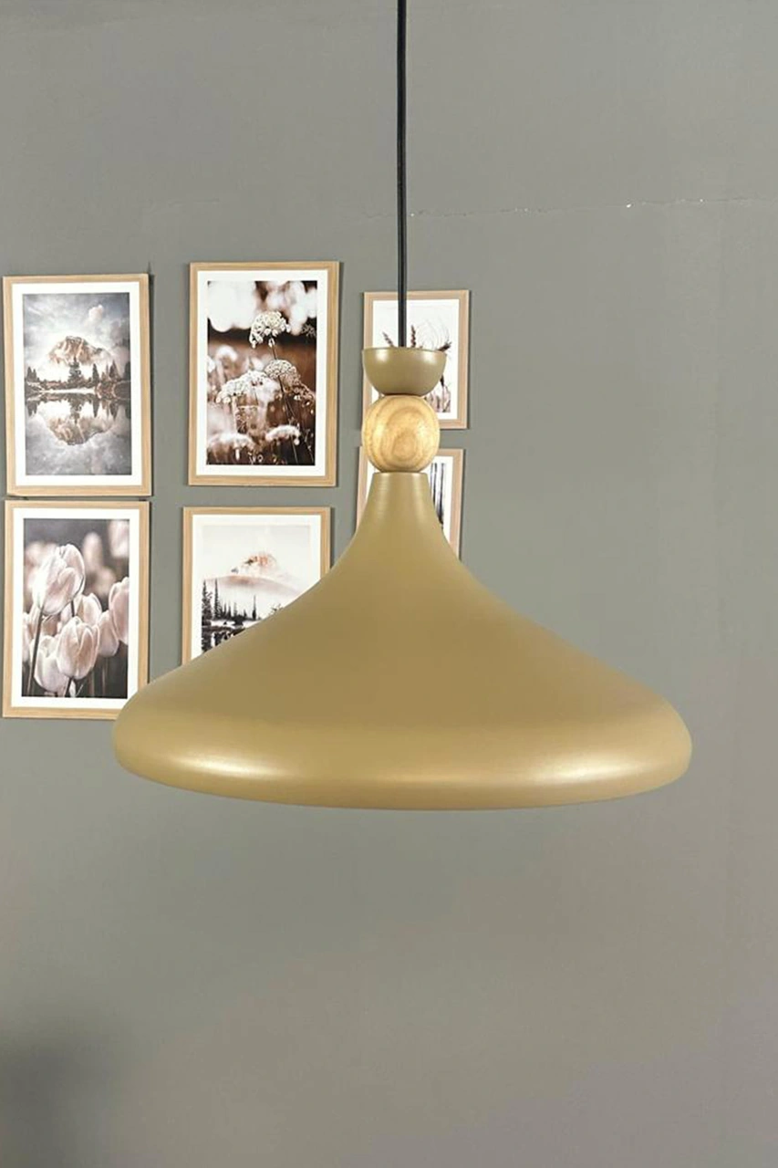 Bej Ahşap Şapka Tekli Avize Sarkıt Salon Mutfak Cafe Butik Lamba Aydınlatma Avizeler Bej