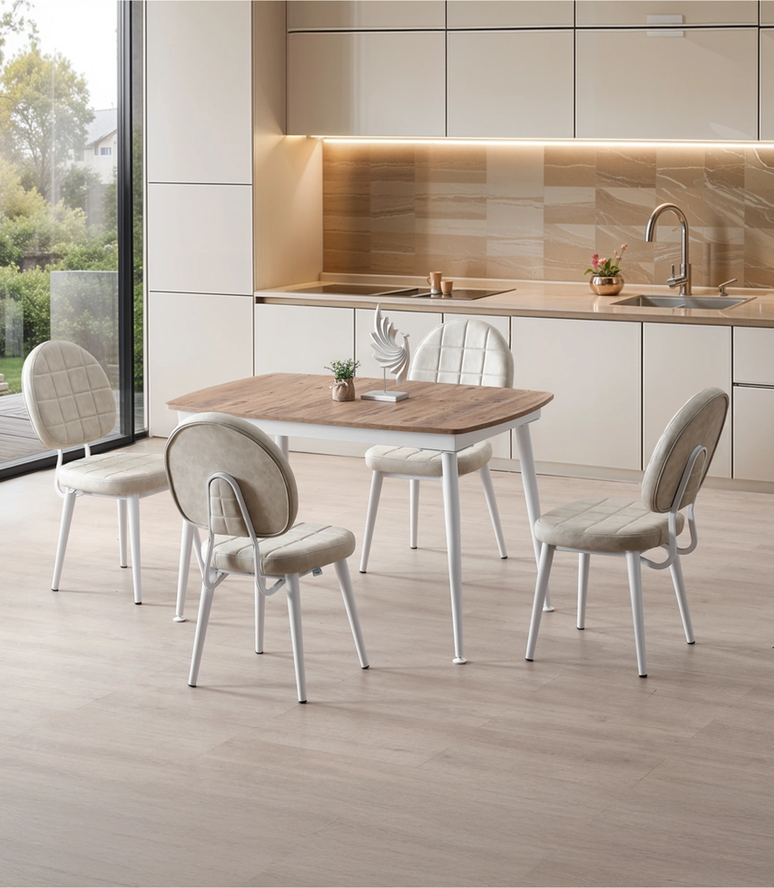 Dengema Milano 25 Açılır Masa Takımı Ceviz Desen & Beyaz Ayak 80 125 165 Cm, 4 Sandalyeli Ceviz Desen - Beyaz Ayak