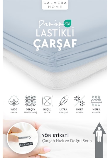 Calmera %100 Pamuk Penye Lastikli Çarşaf Tek Kişilik 90x190 - 100x200 - 120x200 Mavi