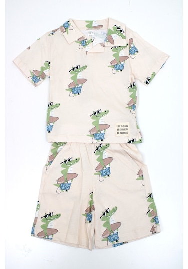 Tuffy Erkek Çocuk Yakalı Desenli Şortlu Takım Tuf-1468 Bej