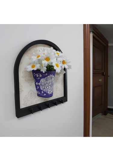 Ahşap Motifli Mor Saksı İçinde Beyaz Yapay Papatyalar Askılık Duvar Dekoru Diğer