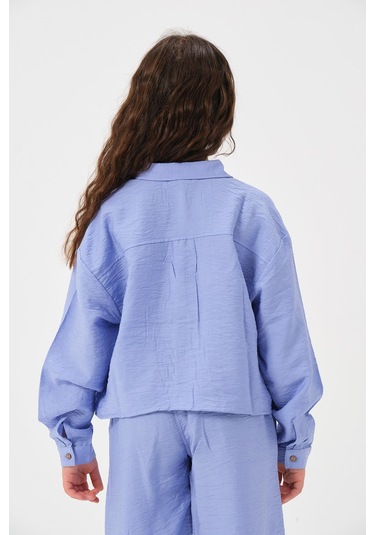 Genç Kız Çocuk Cepli Uzun Kollu Gömlek Mavi