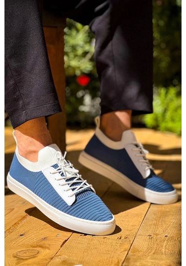 Mavi Triko Yüksek Taban Bağcıklı Günlük Erkek Ayakkabısı Mavi