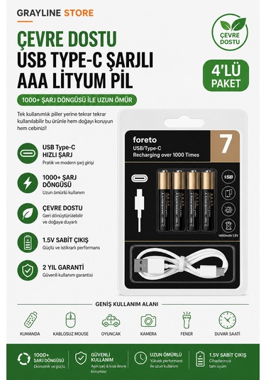 Usb Type-c Şarjlı Aaa İnce Kalem Pil 4 Lü Paket 1.5v Lityum