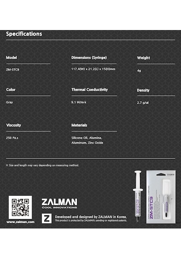 Zalman Zm Stc9 4Gr 9.1W Yüksek Permformans Termal Macun
