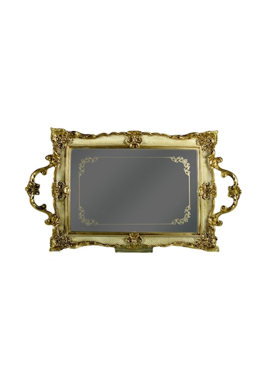 Polyester Dikdörtgen Epoksi Cam Tepsi - Gümüş Gümüş