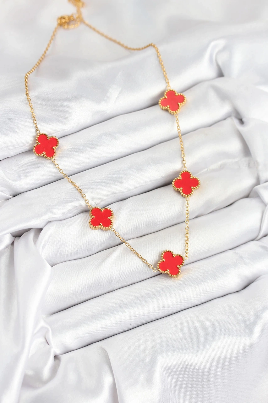 Dodes Dodes 316l Çelik Zincir Gold Kırmızı Renk Yonca Kadın Kolye Tg27bko10585 Çok renkli