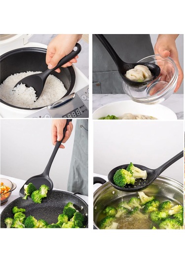 Sert Uçlu Silikon Kevgir Spatula Kepçe Kaşık Seti 4prç Siyah