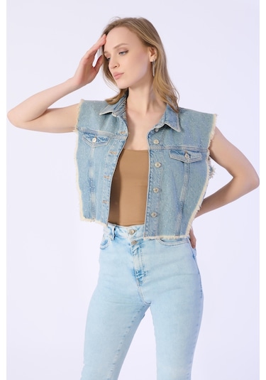 Taşlı Sıfır Kol Püsküllü Denim Ceket-a.mavi Açık Mavi
