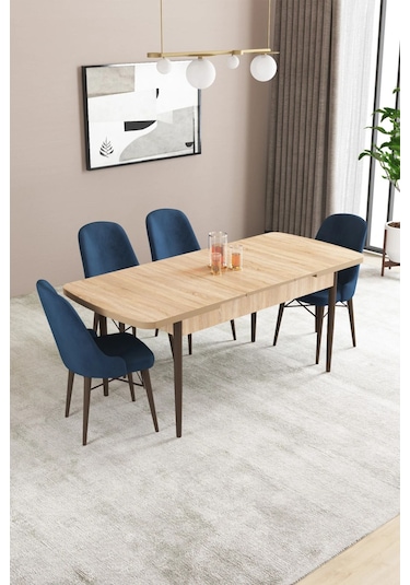 Sar Pakete Almira Serisi, Meşe Desen 80x132 Açılabilir Mdf Mutfak Masası Takımı 4 Adet Sandalye Lacivert