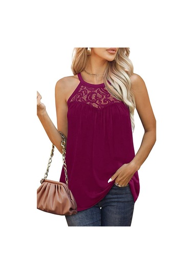 Şarap Kırmızısı Yaz Kadın Üstleri Dantel Pilili Kolsuz Yelek Tişört Bisiklet Yaka Rahat Rahat