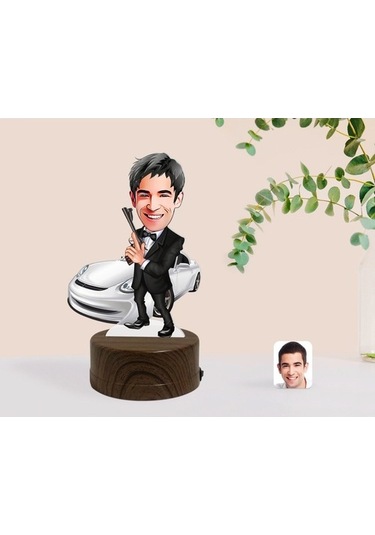 Kişiye Özel Erkek Ajan Karikatürlü Dekoratif 3D Biblo Led Işıklı