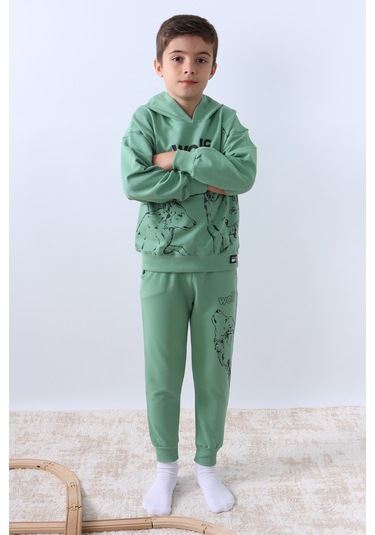 Erkek Çocuk Kapşonlu Eşofman Takımı 4 Mevsim Wolf Baskılı Ribanalı F12 Yeşil