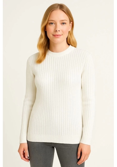 Bisiklet Yuvarlak Yaka Triko Kazak Pamuklu Kalın Fitilli Dokuma, Regular Fit Uzun Kollu Kışlık Model Beyaz