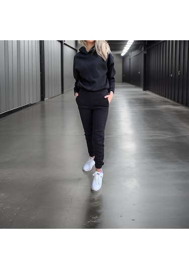 Ceyss Design Oversize İki İplik Şardonlu Beli Lastikli Kadın Eşofman Takımı-siyah Siyah