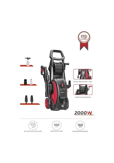 Torima Hpc-01 Kırmızı Yüksek Basınçlı Oto, Halı, Bahçe Temizleme Ve Yıkama Makinesi 2000w, 150 Bar Kırmızı