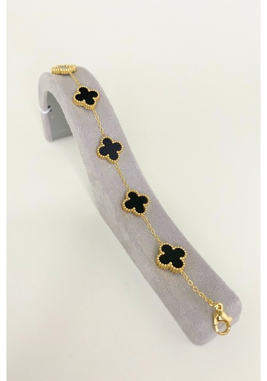 Gold Renkli Mineli Siyah Yonca Bileklik Altın