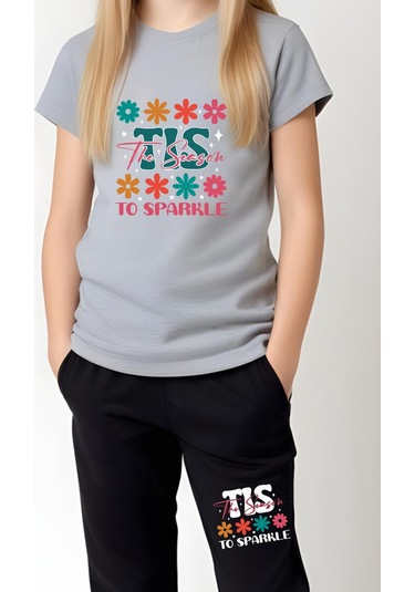 Tıs Baskılı Kız Çocuk Tişört Ve Eşofman Alt-üst Takım Gri