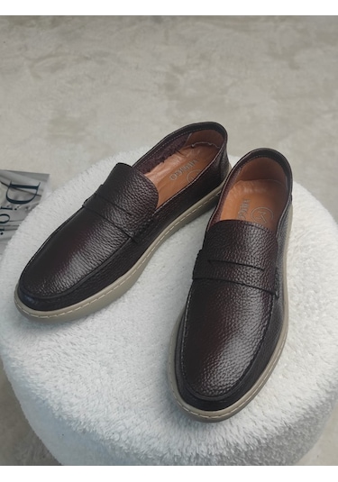 Muggo Harnaz Bağcıksız Hakiki Deri Erkek Günlük Casual Ayakkabı Kahverengi