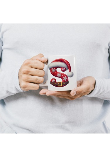 S Harfi Yılbaşı Temalı Bardak 330 Ml Harfli Kişiye Özel Hediye - Yeniyıl / Noel Şapka Tasarım Beyaz