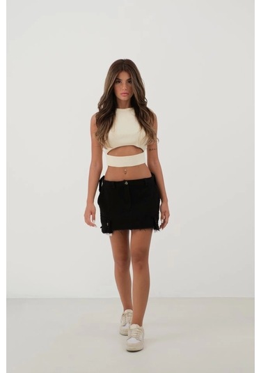 Pencere Detay Triko Bluz Ekru