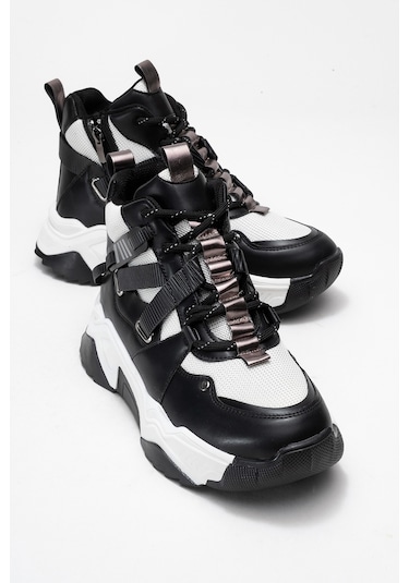 Clara Siyah Beyaz Fermuarlı Ve Bağcıklı Kadın Spor Bot Siyah - Beyaz