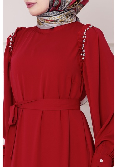 Omuzu Taş Detaylı Rose Elbise-kırmızı-4770 Kırmızı