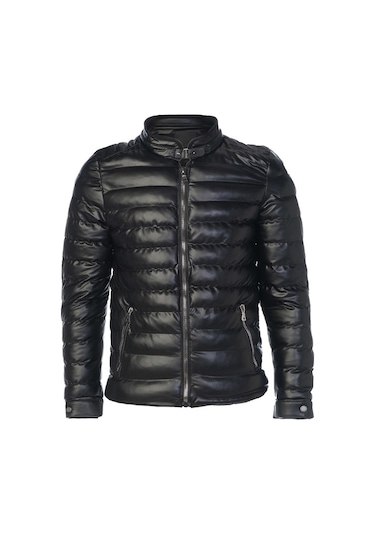 Sivaist Erkek Siyah Slim Fit İçi Kalın Kürklü Şişme Deri Mont