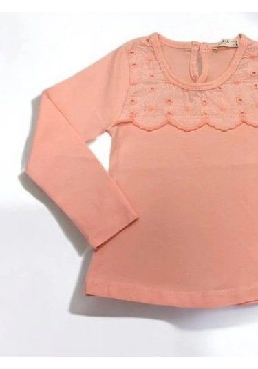 Kız Çocuk Çiçek Detaylı Pamuklu İnce Uzun Kollu Bluz-14829 Pembe