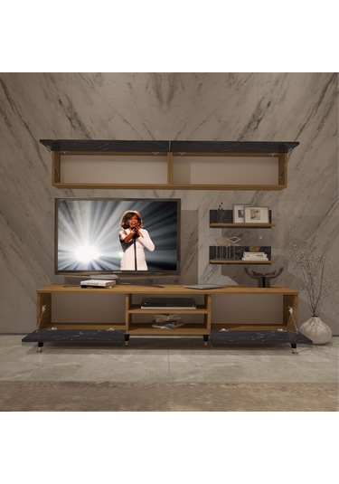 Decoraktiv Eko 5 Mdf Dvd Gold Tv Ünitesi Tv Sehpası Pera - Siyah Mermer