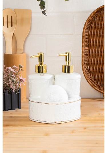 Porsima 3117 Gold Kapaklı Porselen Süngerli 2li Sıvı Sabunluk Beyaz 350+350 Ml Açık Gri - Beyaz