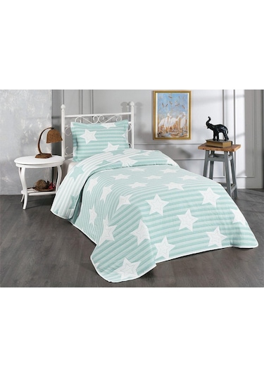 Evlen Home Pedri Yıldız Desenli Pamuklu Tek Kişilik Yatak Örtüsü Pike Takımı 2 Parça Çocuk Yatak Örtüsü Mint