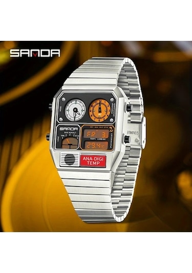 Fastbuy Gümüş Siyah A Erkek Digital Kol Saati - Kare Paslanmaz Çelik Bant Dual Ekran Altın Renk Altın