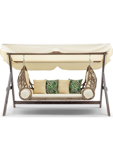 Swing Saltanat Ahşap Rattan Salıncak Dış Mekan Bahçe Balkon Ve Teras Salıncağı Krem Ceviz