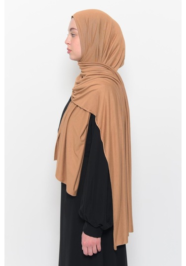 Hazır Pratik Geçmeli Lüks Düz Penye Şal Çapraz Hizalı Koyu Bej